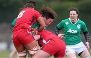15 March 2015; Ailis Egan, Ireland, is tackled by Shona Powell Hughes and Catrin Edwards, Wales. Women's Six Nations Rugby Championship, Wales v Ireland,St Helen's, Swansea, Wales. Picture credit: Steve Pope / SPORTSFILE