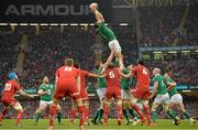 14 March 2015; Peter O'Mahony, Ireland, wins a lineout against Wales. RBS Six Nations Rugby Championship, Wales v Ireland, Millennium Stadium, Cardiff, Wales. Picture credit: Brendan Moran / SPORTSFILE