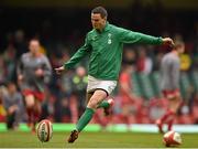 14 March 2015; Ireland's Jonathan Sexton practices his goalkicking ahead of the game. RBS Six Nations Rugby Championship, Wales v Ireland, Millennium Stadium, Cardiff, Wales. Picture credit: Brendan Moran / SPORTSFILE