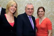 3 March 2008; An Taoiseach Bertie Ahern with Galway players Maria Hoey, left and Gillian Joyce at the launch of Comórtas Peile Páidí Ó Se 2008, sponsored by Ulster Bank. The event takes place on the Dingle Peninsula, West Kerry, from March 7th to 9th. The Shelbourne Hotel, Dublin. Photo by Sportsfile