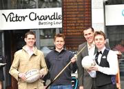 5 March 2008; Pictured at the opening of Victor Chandler's new luxury betting lounge in the IFSC, Dublin, were, left to right, Cheltenham hopeful Andrew McNamara, Irish international scrum-half Eoin Reddan, Dublin football star Ciaran Whelan and Snooker ace Ken Doherty. Victor Chandler Bookmakers, Irish Financial Services Centre, Dublin. Picture credit: David Maher / SPORTSFILE
