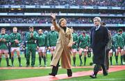 8 March 2008; President of Ireland Mary McAleese, accompanied by IRFU president Der Healy, waves to the crowd after meeting the teams before the game. RBS Six Nations Rugby Championship, Ireland v Wales, Croke Park, Dublin. Picture credit: Brendan Moran / SPORTSFILE