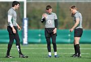 11 March 2008; Ronan O'Gara speaks to team-mates Luke Fitzgerald, right, and Shane Horgan during squad training. Ireland rugby squad training, Belfield, UCD, Dublin. Picture credit; Brian Lawless / SPORTSFILE