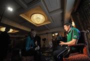 11 March 2008; Ronan O'Gara is interviewed for television after being announced as team captain. Ireland Rugby Press Conference, Fitzpatrick's Killiney Castle Hotel, Co. Dublin. Picture credit; Brian Lawless / SPORTSFILE