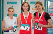 15 March 2015; Katherine Markey, centre, Fingallians AC, Co. Dublin, winner of the Women's W45 60m event with second placed Paula Reilly, left, Celbridge AC, Co. Kildare and third placed Paula Murphy, right, Dooneen AC, Co. Limerick, during the GloHealth National Masters Indoor Track and Field Championships. Athlone International Arena, Athlone, Co. Westmeath. Picture credit: Tomás Greally / SPORTSFILE