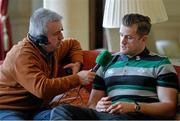 17 March 2015; Ireland's Jamie Heaslip is interviewed by RTE Rugby Correspondent Michael Corcoran during a press conference. Carton House, Maynooth, Co. Kildare. Picture credit: Brendan Moran / SPORTSFILE
