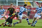 17 March 2015; Lee Molloy, Rockwell College, is tackled by Darren Gavin, Ardscoil Rís. SEAT Munster Schools Senior Cup Final, Rockwell College v Ardscoil Rís, Thomond Park, Limerick. Picture credit: David Maher / SPORTSFILE