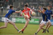 17 March 2015; Ryan Coleman. St Patrick's Academy, Dungannon, in action against Donal Monaghan and Ryan McKenna, St Patrick's Cavan. Danske Bank MacRory Cup Final, St Patrick's Cavan v St Patrick's Academy, Dungannon, Athletic Grounds, Armagh. Picture credit: Oliver McVeigh / SPORTSFILE