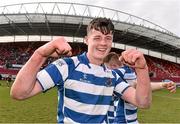 17 March 2015; Scorer of the last try for Rockwell College Bryan McLaughlin, celebrates at the end of the game. SEAT Munster Schools Senior Cup Final, Rockwell College v Ardscoil Rís, Thomond Park, Limerick. Picture credit: David Maher / SPORTSFILE