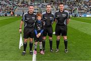17 March 2015; Match referee James Owens, Wexford, with 'Young Whistler' Fionnbar Wanick, ten years, St Jude's GAA Club, and his linesmen James McGrath, left, and Brian Gavin, before the game. AIB GAA Hurling All-Ireland Senior Club Championship Final, Ballyhale Shamrocks, Co Kilkenny, v Kilmallock, Co Limerick. Croke Park, Dublin. Picture credit: Ray McManus / SPORTSFILE