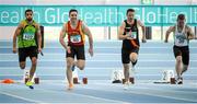 15 March 2015; Athletes, from left, Daryl Fanagan, Rathfarnham W.S.A.F, Dublin, Glen Scullion, Mid Ulster AC, Co. Derry, Thomas Moran, Clonliffe Harriers AC, Dublin, and Ronan Foley, Togher AC, Co. Cork, in action during the Men's M35 60m event at the GloHealth National Masters Indoor Track and Field Championships. Athlone International Arena, Athlone, Co. Westmeath. Picture credit: Tomás Greally / SPORTSFILE
