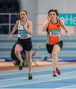 15 March 2015; Therese O'Brien, left, Limerick AC, and Emma Smith, Orangegrove AC, East Belfast, in action during the Women's W40 60m, during the GloHealth National Masters Indoor Track and Field Championships. Athlone International Arena, Athlone, Co. Westmeath. Picture credit: Tomás Greally / SPORTSFILE