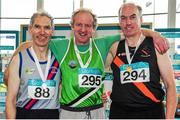 15 March 2015; John Murphy, centre, Liscarroll AC, Co. Cork, winner of the Men's M55 High Jump event, with second placed Peadar McGing, left, DSD AC, Dublin, and third placed Joe Gibbons, Clonliffe Harriers A.C, Dublin, during the GloHealth National Masters Indoor Track and Field Championships. Athlone International Arena, Athlone, Co. Westmeath. Picture credit: Tomás Greally / SPORTSFILE
