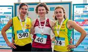 15 March 2015; Dolores Whyte, centre, Mullingar Harriers AC, Co. Westmeath, winner of the Women's W40 60m event in a time of 8.85 seconds, with second placed Antionette O'Brien, left, and third placed Brid Stack, both from Gneeveguilla AC, Co. Kerry, during the GloHealth National Masters Indoor Track and Field Championships. Athlone International Arena, Athlone, Co. Westmeath.