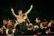 18 March 1995; Steve Collins celebrates after a points victory over the reigning champion Chris Eubank. WBO Super-Middleweight Title Fight, Steve Collins v Chris Eubank, Millstreet Arena, Co. Cork, Ireland. Picture credit; David Maher / SPORTSFILE