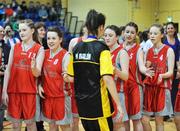 11 March 2008; Members of the victorious Calasanctius team, from left, Aoife Greally, Helena Lyons, Ailish O'Reilly, Sarah Drislane and Vanessa Brennan, give a respectful &quot;high five&quot; to Ailbhe Ni Mhaolduin of the vanquished Colaiste Iosagain team. Girls U16 A Final Schools League Final, Colaiste Iosagain, Stillorgan, Dublin v Calasanctius, Oranmore, Co. Galway, National Basketball Arena, Tallaght, Dublin. Picture credit: Brendan Moran / SPORTSFILE