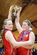 11 March 2008; Calasanctius co-captains Kate Lyons, left, and Lorraine Reynolds celebrate with the cup after the game. Girls U16 A Final Schools League Final, Colaiste Iosagain, Stillorgan, Dublin v Calasanctius, Oranmore, Co. Galway, National Basketball Arena, Tallaght, Dublin. Picture credit: Brendan Moran / SPORTSFILE