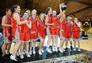 11 March 2008; The victorious Calasanctius team celebrate with the cup after the game. Girls U16 A Final Schools League Final, Colaiste Iosagain, Stillorgan, Dublin v Calasanctius, Oranmore, Co. Galway, National Basketball Arena, Tallaght, Dublin. Picture credit: Brendan Moran / SPORTSFILE