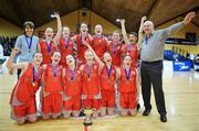 11 March 2008; The Calasanctius team celebrate with the cup after the game. Girls U16 A Final Schools League Final, Colaiste Iosagain, Stillorgan, Dublin v Calasanctius, Oranmore, Co. Galway, National Basketball Arena, Tallaght, Dublin. Picture credit: Brendan Moran / SPORTSFILE