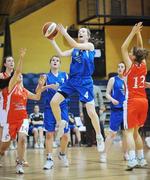 11 March 2008; Carol McCarthy, Calasanctius, in action against Cliona Dwyer, left, and Eimear Quinlan, Presentation Thurles. Girls U19 A Final Schools League Final, Presentation Thurles, Co. Tipperary v Calasanctius, Oranmore, Co. Galway, National Basketball Arena, Tallaght, Dublin. Picture credit: Brendan Moran / SPORTSFILE