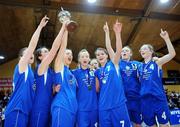 11 March 2008; The Calasanctius team celebrate with the cup after the game. Girls U19 A Final Schools League Final, Presentation Thurles, Co. Tipperary v Calasanctius, Oranmore, Co. Galway, National Basketball Arena, Tallaght, Dublin. Picture credit: Brendan Moran / SPORTSFILE
