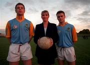 16 September 1998; UCD and Galway footballers John Divilly, left, and Derek Savage with Susan Feerick of AIB Bank at UCD in Belfield, Dublin. Photo by Brendan Moran/Sportsfile