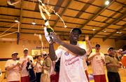 10 March 2000; Neptune's Rasuel McKune celebrates with champagne after his side were crowned ESB Men's Basketball Superleague Champions for the 1999/2000 season following the ESB Men's Basketball Superleague match between Neptune and Star of the Sea at Neptune Stadium in Cork. Photo by Brendan Moran/Sportsfile