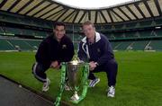 26 May 2000; Munster captain, Mick Galwey and Northampton Saints captain Pat Lam pose with the cup following a press conference in advance of the Heineken Cup Final between Munster and Northampton Saints at Twickenham Stadium in London, England. Photo by Matt Browne/Sportsfile
