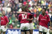 27 May 2000; Munster's Killian Keane, 17, and captain Mick Galwey embrace following their defeat in the Heineken Cup Final between Munster and Northampton Saints at Twickenham Stadium in London, England. Photo by Damien Eagers/Sportsfile