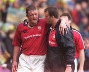 27 May 2000; Munster captain Mick Galwey is consoled by team-mate John O'Neill, right, following the Heineken Cup Final between Munster and Northampton Saints at Twickenham Stadium in London, England. Photo by Brendan Moran/Sportsfile