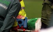 28 May 2000; Ireland's Girvan Dempsey is stretchered off the pitch after receiving an injury during the Rugby International match between Ireland XV and Barbarians at Lansdowne Road in Dublin. Photo by Matt Browne/Sportsfile