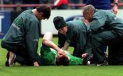 28 May 2000; Ireland's Brian O'Driscoll is attended to after picking up an injury during the Rugby International match between Ireland XV and Barbarians at Lansdowne Road in Dublin. Photo by Matt Browne/Sportsfile