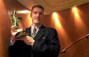 12 June 2000; Antrim goalkeeper Sean McGreevy, poses wtih the EIRCELL All-Star Player of the Month for May, at the Europa Hotel in Belfast. It was his performance against Down which earned Antrim's first football championship win in 18 years. Photo by Brendan Moran/Sportsfile