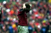 27 May 2000; Munster's Anthony Horgan dejected after the final whistle of the Heineken Cup Final between Munster and Northampton Saints at Twickenham Stadium in London, England. Photo by Brendan Moran/Sportsfile