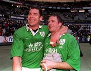 19 March 2000; Ireland's Andy Ward, left, and David Humphreys celebrate victory following the Six Nations Rugby Championship match between France and Ireland at Stade de France in Paris, France. Photo by Ray Lohan/Sportsfile