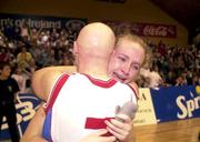 30 January 2000; Avonmore Wildcats' Cathriona White celebrates with team-mate Mary Fitzpatrick following the Senior Women's Sprite Cup Final between Avonmore Wildcats and Meteors at the National Basketball Arena in Tallaght, Dublin. Photo by Brendan Moran/Sportsfile