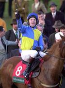 15 March 2000; Jockey Charlie Swan, on Joe Cullen, celebrates after winning the Weatherbys Champion Bumper during day two of the Cheltenham Festival at Prestbury Park in Cheltenham, England. Photo by Matt Browne/Sportsfile