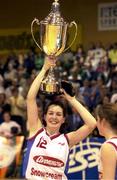 30 January 2000; Avonmore Wildcats captain Christine Kiely celebrates with the cup following the Senior Women's Sprite Cup Final between Avonmore Wildcats and Meteors at the National Basketball Arena in Tallaght, Dublin. Photo by Brendan Moran/Sportsfile