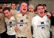 25 April 1999; Cork Constitution players, from left, Brian O'Meara, Frankie Sheahan and Conor Mahoney celebrate following the AIB Rugby League Division 1 Semi-Final match between Cork Constitution and Buccaneers at Temple Hill in Cork. Photo by Matt Browne/Sportsfile