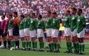 18 June 1994; The Republic of Ireland team, from left, Andy Townsend, Packie Bonner, Ray Houghton, Steve Staunton, John Sheridan, Terry Phelan, Roy Keane, Denis Irwin, Tommy Coyne, Paul McGrath and Phil Babb, ahead of the FIFA World Cup 1994 Group E match between Republic of Ireland and Italy at Giants Stadium in New Jersey, USA. Photo by Ray McManus/Sportsfile