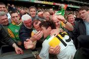 4 June 2000; Offaly's Vinny Claffey is congratulated by supporters following the Bank of Ireland Leinster Senior Football Championship Quarter-Final match between Offaly and Meath at Croke Park in Dublin. Photo by Damien Eagers/Sportsfile