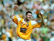 18 June 2000; Kevin Brady of Antirm celebrates after scoring his side's second goal during the Bank of Ireland Ulster Senior Football Championship Semi-Final match between Antrim and Derry at Casement Park in Derry. Photo by David Maher/Sportsfile