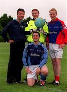 15 June 2000; UCD manager Martin Moran, left, with goalkeeper Barry Ryan, Michael O'Donnell, right, and Robert McAuley, pose with a globe of the world ahead of their upcoming UEFA Intertoto Cup First Round tie against Velbazhd Kyustendil at Belfield Park in Dublin. Photo by Damien Eagers/Sportsfile