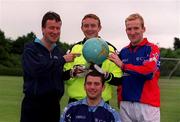 15 June 2000; UCD manager Martin Moran, left, with goalkeeper Barry Ryan, Michael O'Donnell, right, and Robert McAuley pose with a globe of the world ahead of their upcoming UEFA Intertoto Cup First Round tie against Velbazhd Kyustendil at Belfield Park in Dublin. Photo by Damien Eagers/Sportsfile