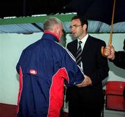 9 July 2000; Celtic manager Martin O'Neill and Bray Wanderers manager Pat Devlin shake hands following the Pre-Season Friendly match between Bray Wanderers and Celtic at the Carlisle Grounds in Bray, Wicklow. Photo by Ray Lohan/Sportsfile
