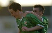 27 April 2004; Keith Treacy celebrates with his Republic of Ireland team-mate Robert Bayly, right, after scoring his sides second goal during the U16 International Friendly match between Republic of Ireland and Netherlands at Home Farm FC in Whitehall, Dublin. Photo by Pat Murphy/Sportsfile