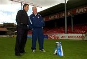 29 April 2004; The 2004 eircom League Cup kicks off on Bank Holiday Monday with holders St. Patrick's Athletic beginning the defence of their title at home to Dublin City. At the announcement of the fixtures with the eircom League Cup trophy are Dublin City manager John Gill, left, and Eamonn Collins, St Patrick's Athletic manager at Richmond Park in Dublin. Photo by Pat Murphy/Sportsfile