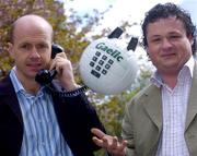 29 April 2004; Tyrone's Peter Canavan, left, and Alan Falsey, Managing Director, Clubtel, at the announcement by the Carphone Warehouse sponsored Gaelic Players' Association, of a 2 million Euro joint-venture with new telecommunications company, Club-Tel, at the Alexander Hotel in Dublin. Photo by Brian Lawless/Sportsfile