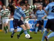 30 April 2004; Derek Griffin of Dublin City in action against Trevor Molloy of Shamrock Rovers during the Eircom League Premier Division match between Shamrock Rovers and Dublin City at Richmond Park in Dublin. Photo by Brian Lawless/Sportsfile
