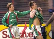 30 April 2004; Kevin Doyle, right, celebrates with his Cork City team-mate Colin O'Brien after scoring their first goal during the Eircom League Premier Division match between Bohemians and Cork City at Dalymount Park in Dublin. Photo by Damien Eagers/Sportsfile